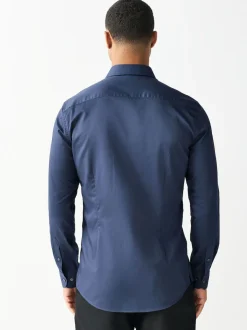 Navy Slim Fit Easy Care Textured Single Cuff Smart Shirt