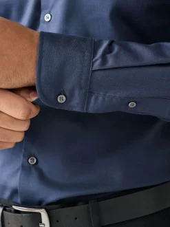 Navy Slim Fit Easy Care Textured Single Cuff Smart Shirt