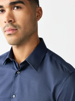 Navy Slim Fit Easy Care Textured Single Cuff Smart Shirt