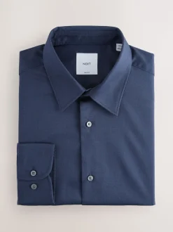 Navy Slim Fit Easy Care Textured Single Cuff Smart Shirt