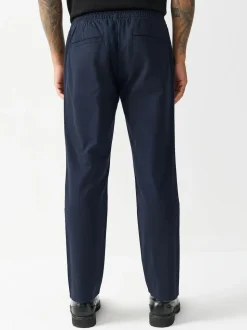 Navy Slim Fit Pleated Stretch Chinos Trousers With Elasticated Waist
