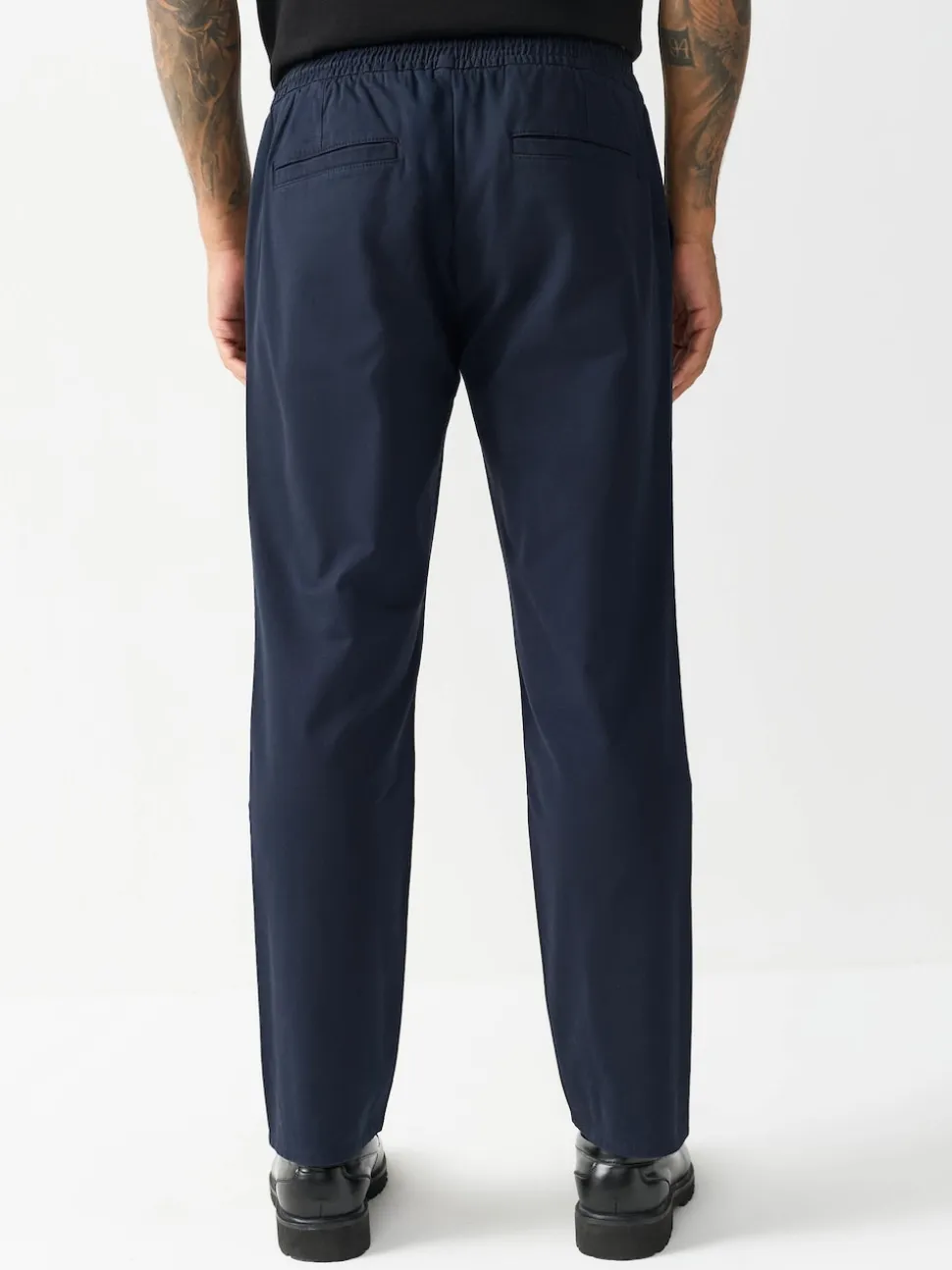 Navy Slim Fit Pleated Stretch Chinos Trousers With Elasticated Waist