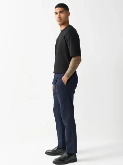 Navy Slim Fit Pleated Stretch Chinos Trousers With Elasticated Waist