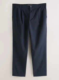 Navy Slim Fit Pleated Stretch Chinos Trousers With Elasticated Waist