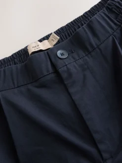 Navy Slim Fit Pleated Stretch Chinos Trousers With Elasticated Waist