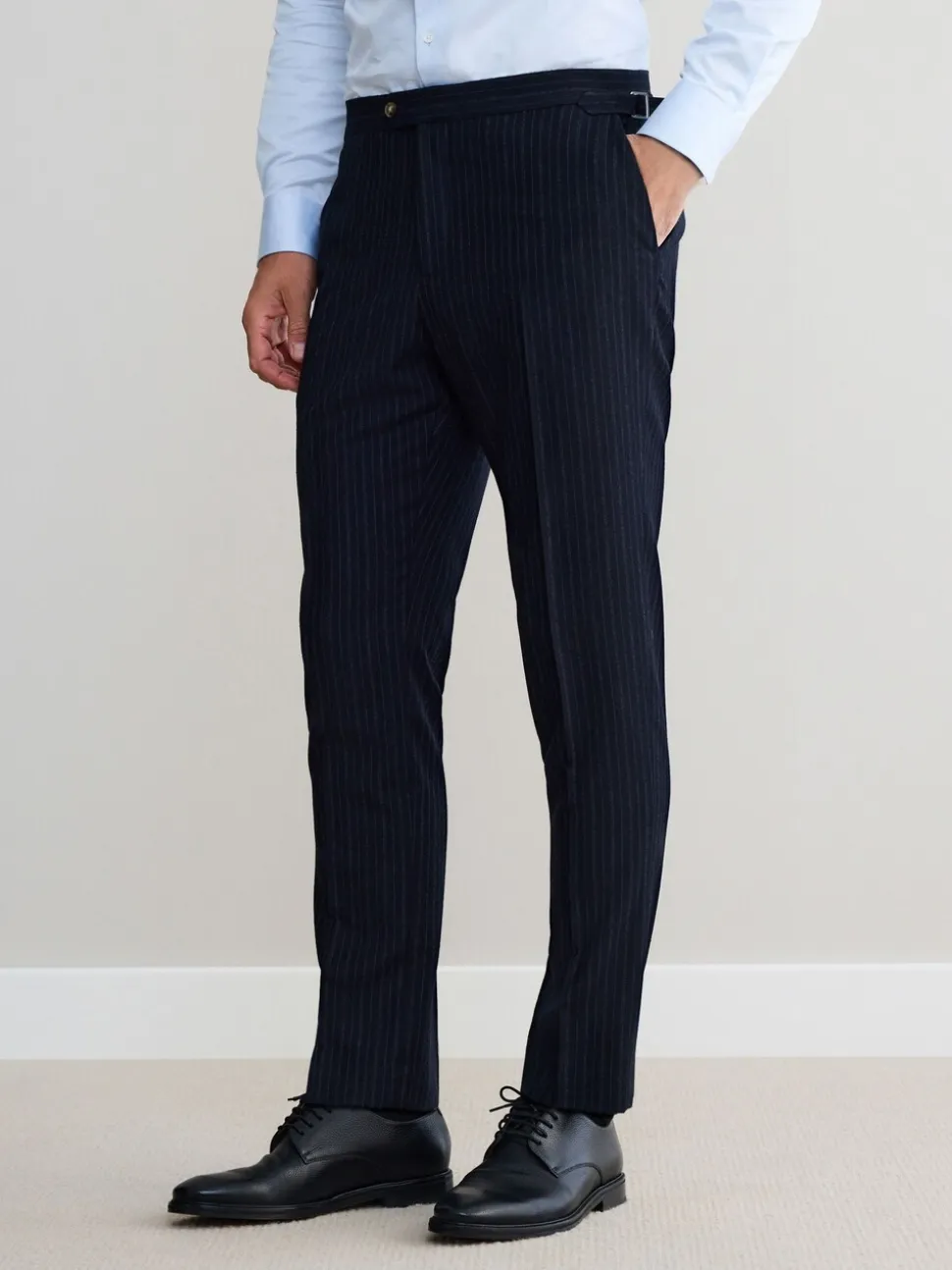 Navy Slim Fit Signature Stripe Empire Mills British 100% Wool Suit Trousers