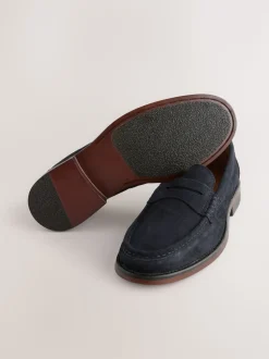 Navy Standard Fit Suede Penny Loafers