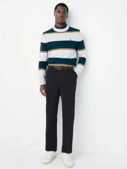 Navy Straight Fit Belted Soft Touch Pleated Chino Trousers