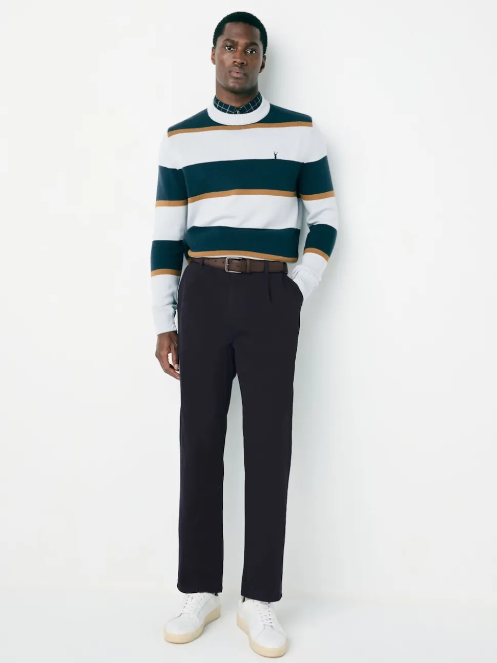 Navy Straight Fit Belted Soft Touch Pleated Chino Trousers