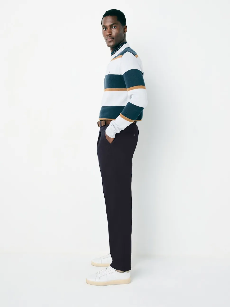 Navy Straight Fit Belted Soft Touch Pleated Chino Trousers