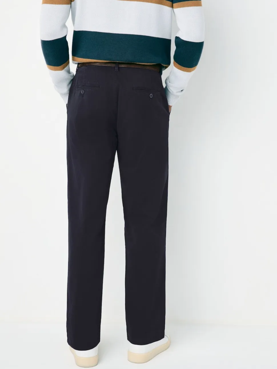Navy Straight Fit Belted Soft Touch Pleated Chino Trousers