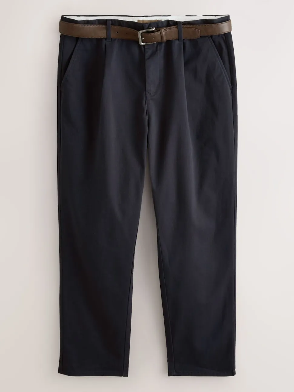Navy Straight Fit Belted Soft Touch Pleated Chino Trousers