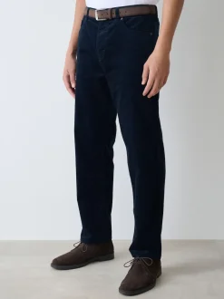 Navy Straight Fit Belted Corduroy Trousers