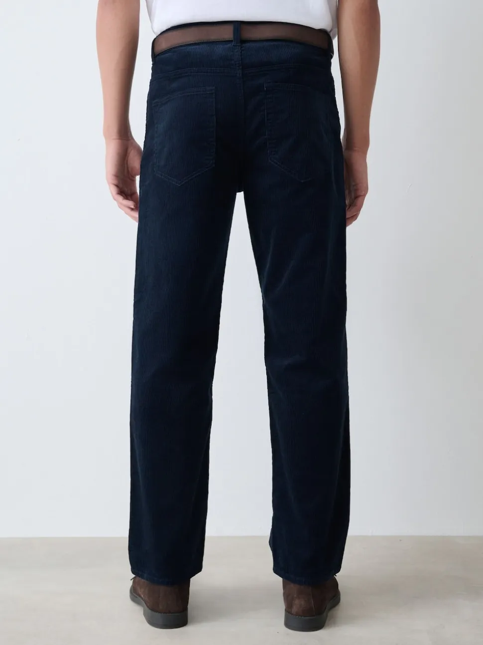 Navy Straight Fit Belted Corduroy Trousers