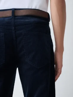 Navy Straight Fit Belted Corduroy Trousers