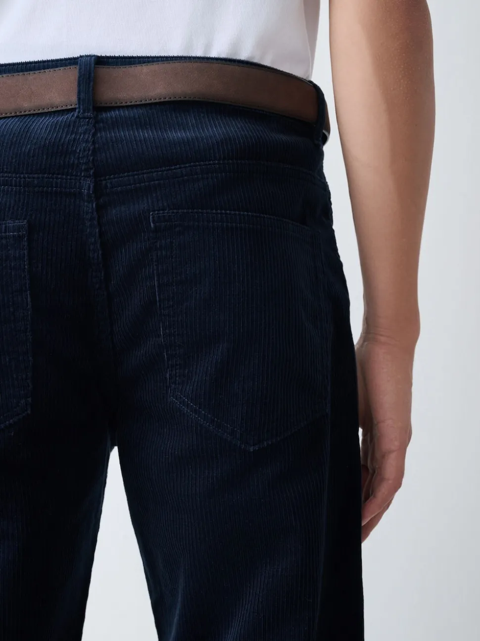 Navy Straight Fit Belted Corduroy Trousers