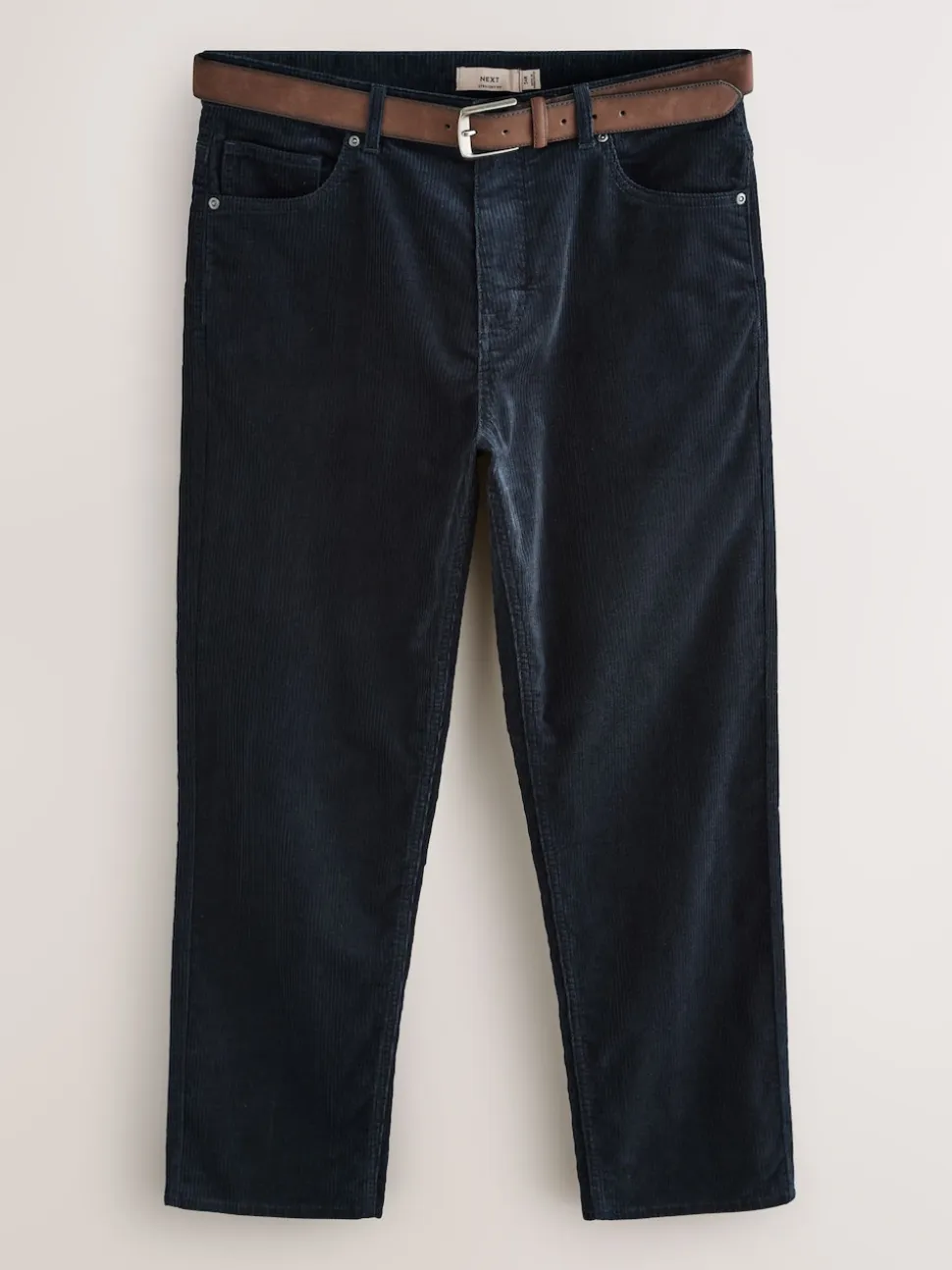 Navy Straight Fit Belted Corduroy Trousers