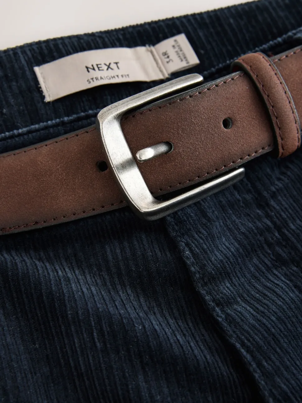 Navy Straight Fit Belted Corduroy Trousers