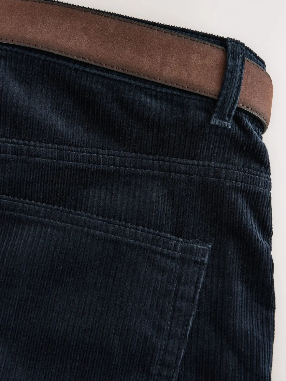 Navy Straight Fit Belted Corduroy Trousers