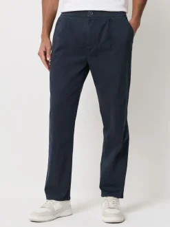 Navy Straight Fit Pleated Stretch Chinos Trousers With Elasticated Waist