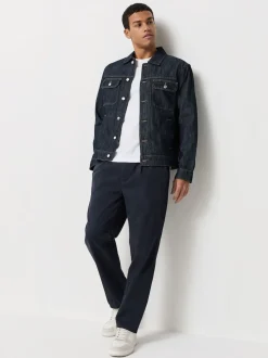 Navy Straight Fit Pleated Stretch Chinos Trousers With Elasticated Waist