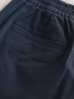 Navy Straight Fit Pleated Stretch Chinos Trousers With Elasticated Waist