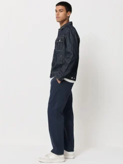Navy Straight Fit Pleated Stretch Chinos Trousers With Elasticated Waist