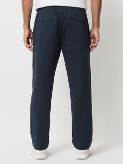 Navy Straight Fit Pleated Stretch Chinos Trousers With Elasticated Waist