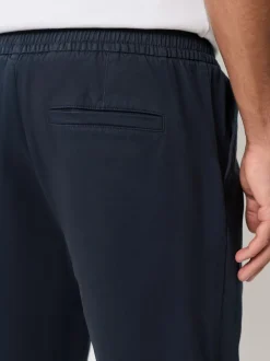 Navy Straight Fit Pleated Stretch Chinos Trousers With Elasticated Waist