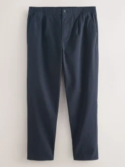 Navy Straight Fit Pleated Stretch Chinos Trousers With Elasticated Waist