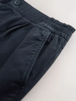 Navy Straight Fit Pleated Stretch Chinos Trousers With Elasticated Waist