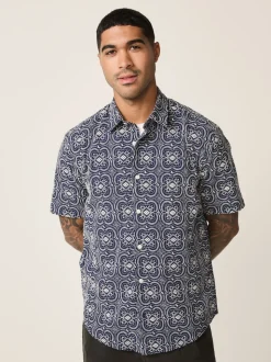 Navy Textured Embroidered Tile Short Sleeve Shirt