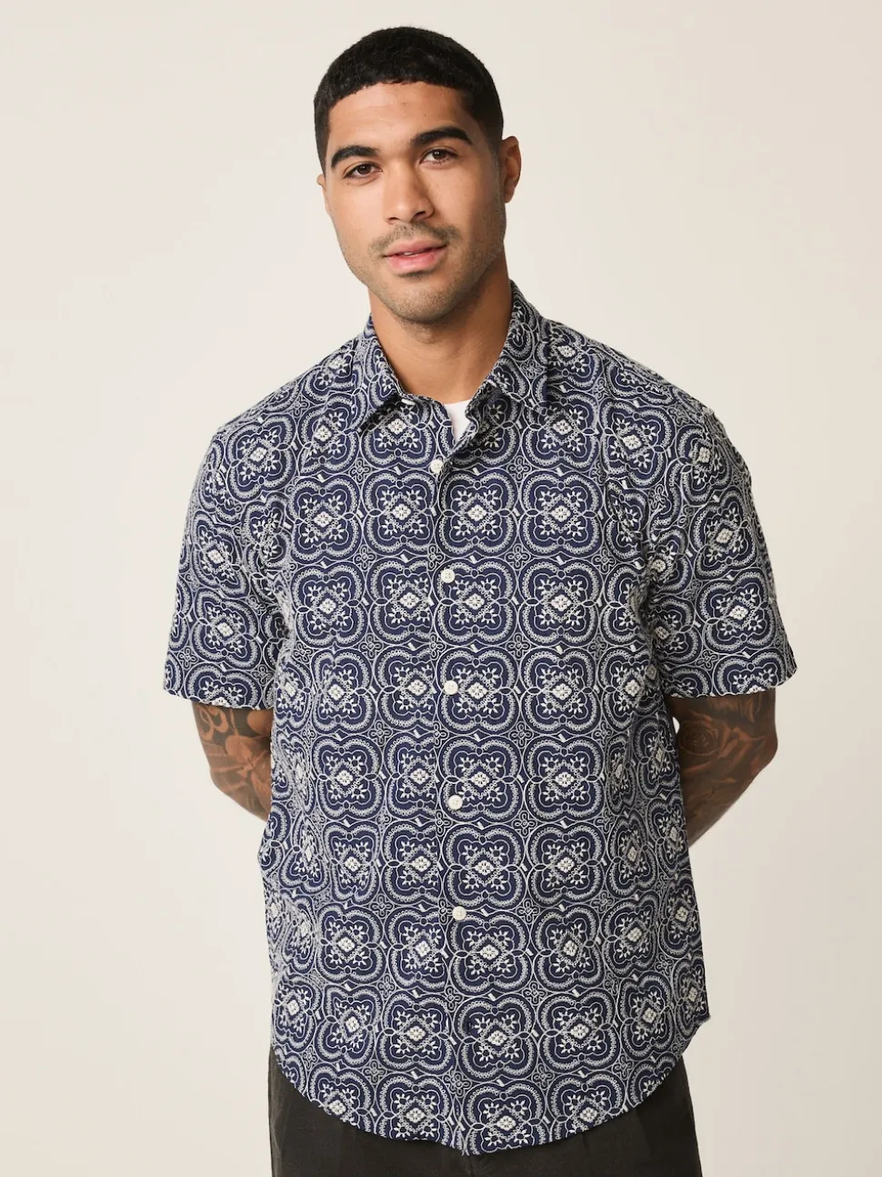 Navy Textured Embroidered Tile Short Sleeve Shirt