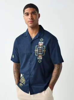 Navy Textured Embroidered Navajo Style Short Sleeve Shirt