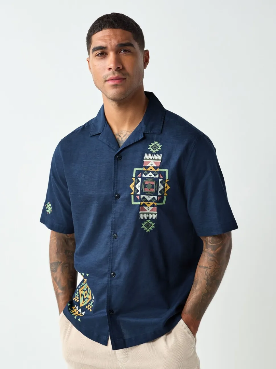 Navy Textured Embroidered Navajo Style Short Sleeve Shirt