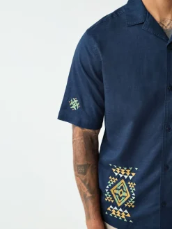 Navy Textured Embroidered Navajo Style Short Sleeve Shirt