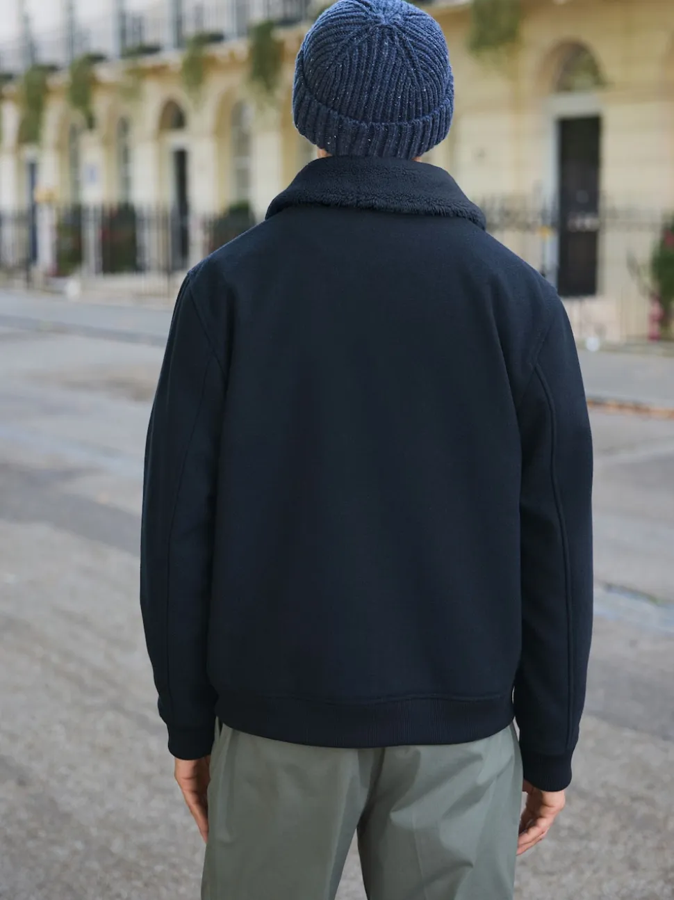 Navy Twill Wool Blend Borg Collar Jacket