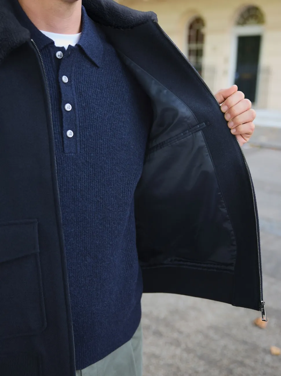 Navy Twill Wool Blend Borg Collar Jacket