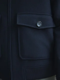 Navy Twill Wool Blend Borg Collar Jacket