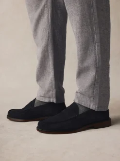 Navy Wide Fit Suede Penny Loafers