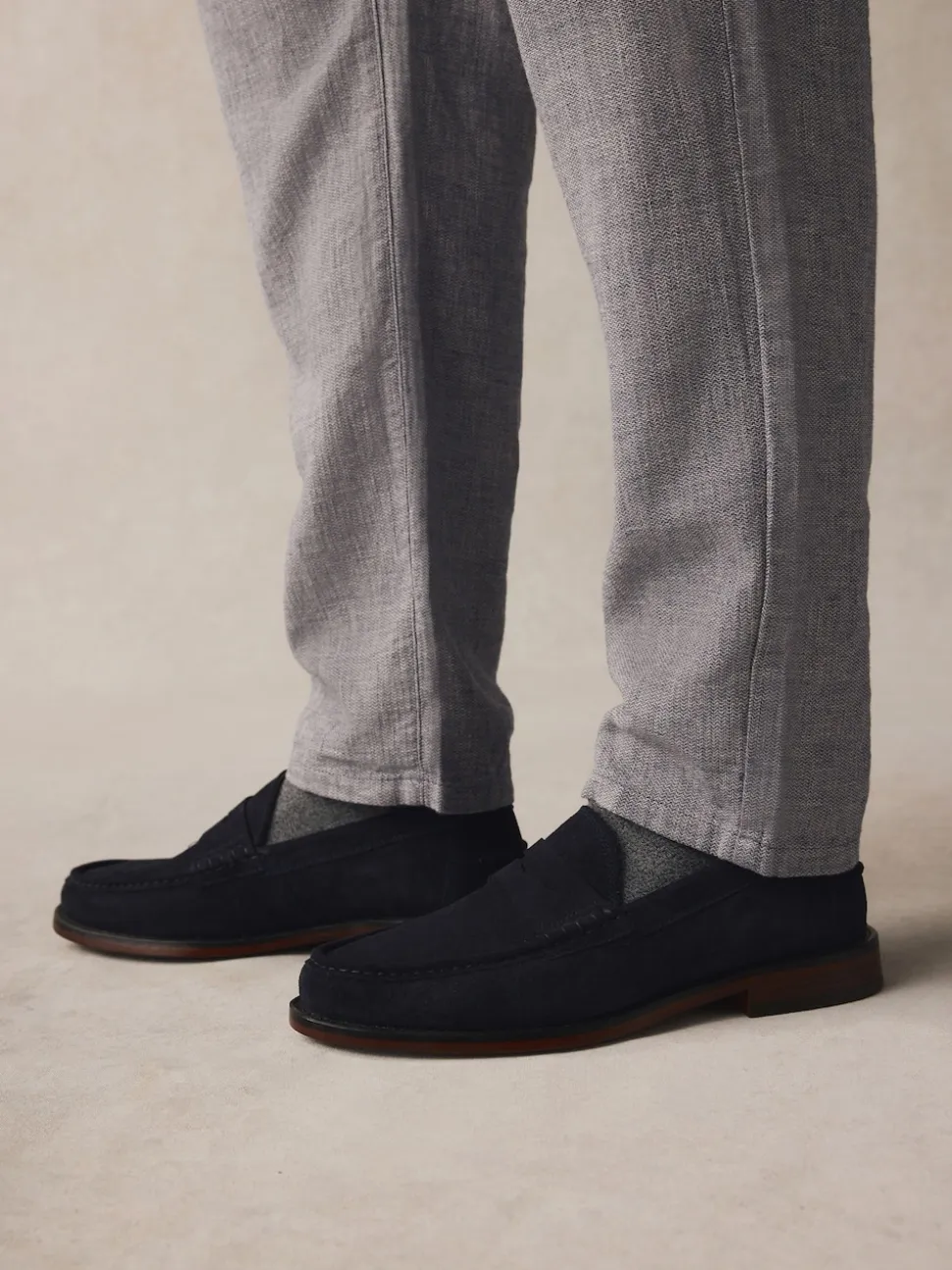 Navy Wide Fit Suede Penny Loafers