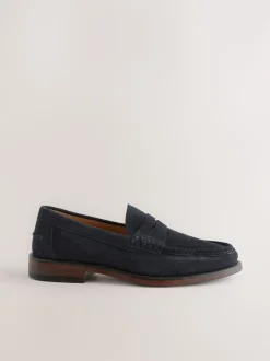 Navy Wide Fit Suede Penny Loafers