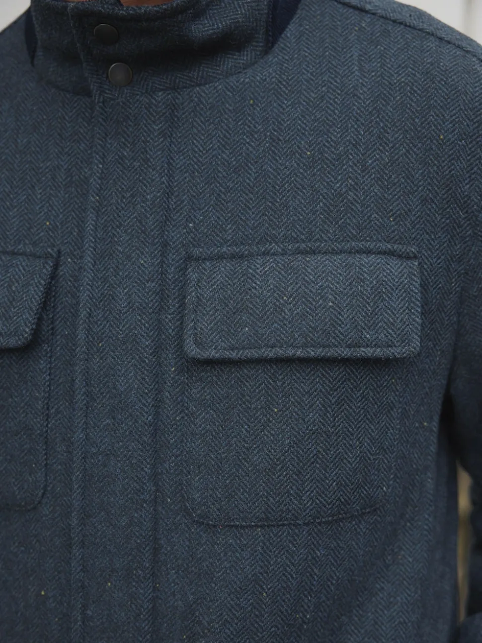 Navy Wool Blend Herringbone Four Pocket Funnel Neck Coat