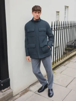 Navy Wool Blend Herringbone Four Pocket Funnel Neck Coat
