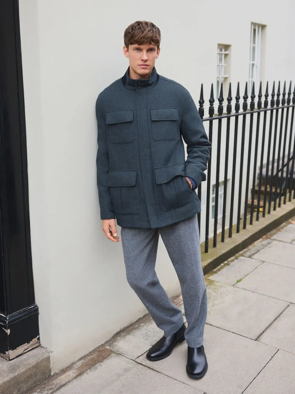 Navy Wool Blend Herringbone Four Pocket Funnel Neck Coat