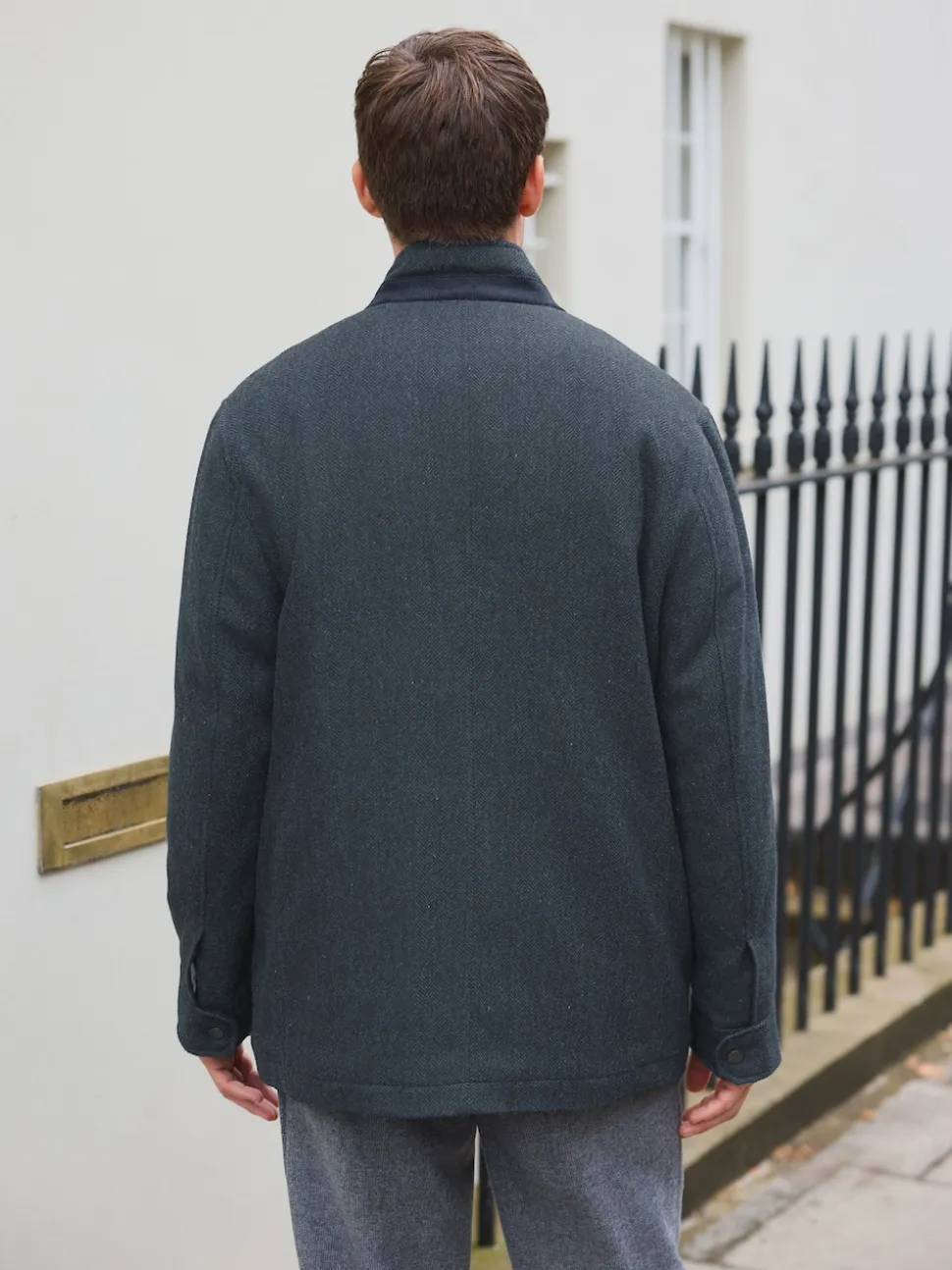 Navy Wool Blend Herringbone Four Pocket Funnel Neck Coat