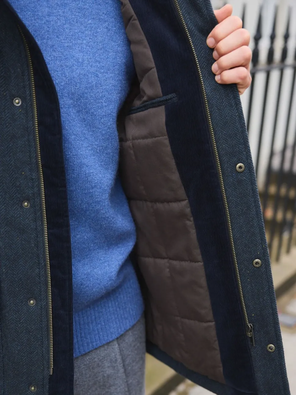 Navy Wool Blend Herringbone Four Pocket Funnel Neck Coat