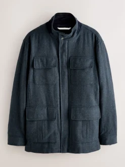 Navy Wool Blend Herringbone Four Pocket Funnel Neck Coat