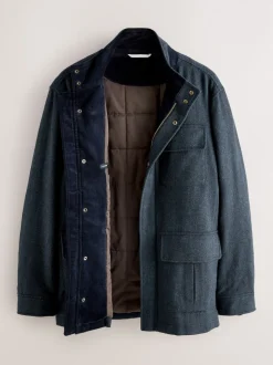 Navy Wool Blend Herringbone Four Pocket Funnel Neck Coat