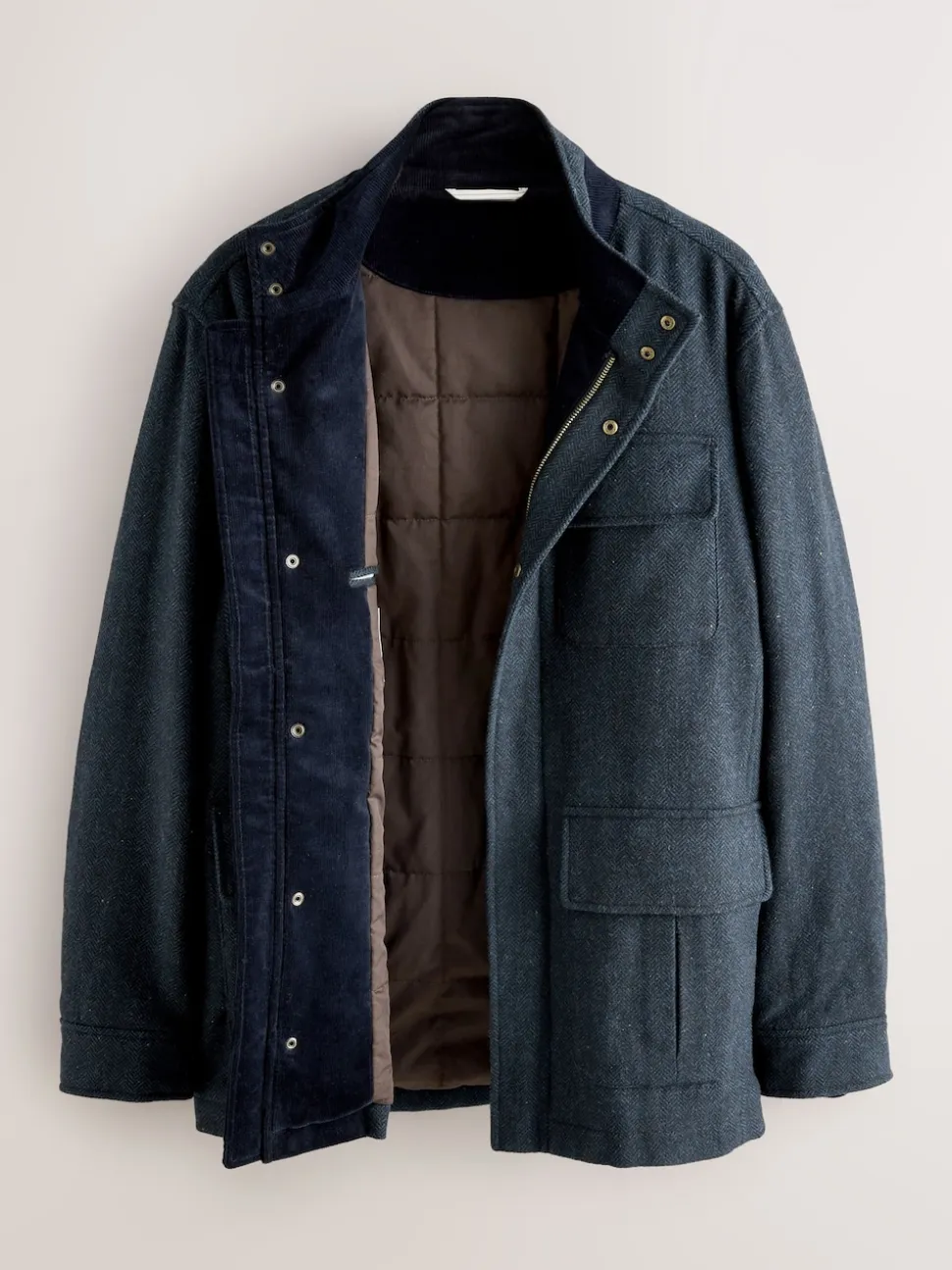 Navy Wool Blend Herringbone Four Pocket Funnel Neck Coat